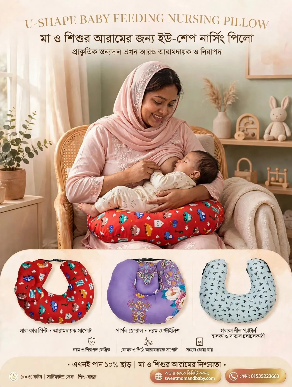 U-Shape Baby Feeding Nursing Pillow for Mother and Baby - 100% Cotton 2